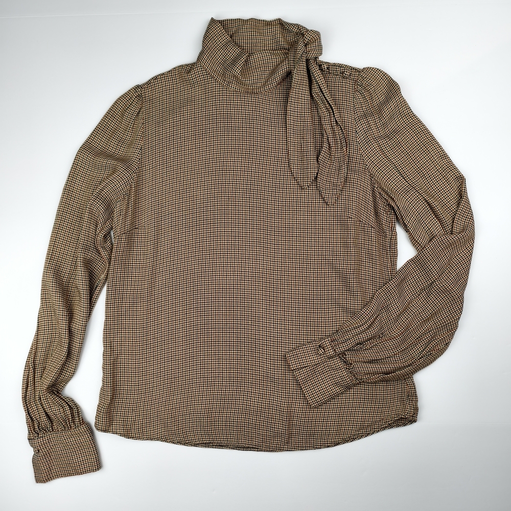 RW&CO Women XS Houndstooth Bow Neck Brown Blouse Vintage Style Work Minimal